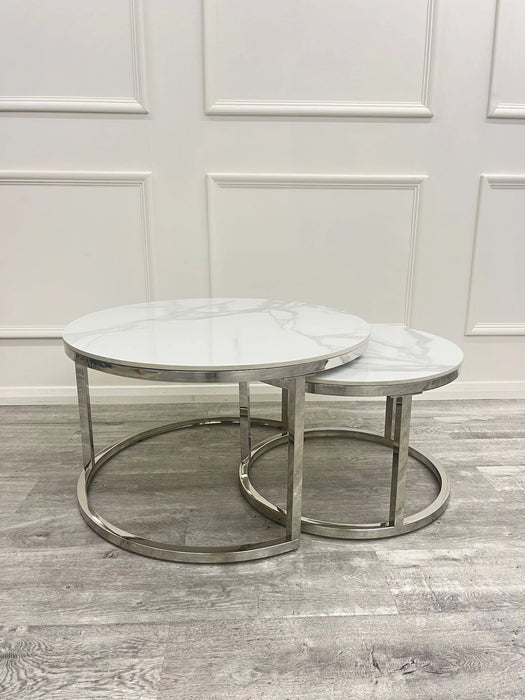 Cato Nest of 2 Short Round Coffee Chrome Tables with Polar White Sintered Stone Tops