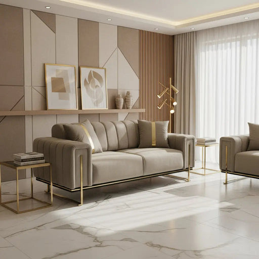 Genova 2 Seater Sofa – Beige Velvet with Gold Detailing | Modern Luxury Sofa