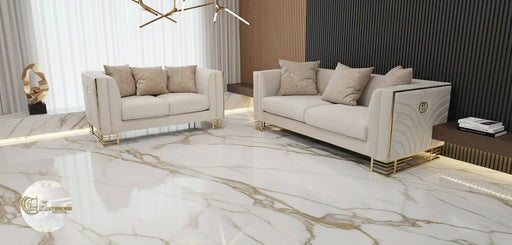 Bahrain 3+2 Seater Sofa Set – Champagne Velvet with Gold Detailing & Legs | Modern Luxury Sofa