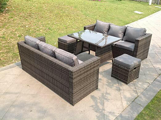 Leeds 8 Seater Lounge Rattan Sofa Set Dining Table Stools Outdoor Garden Furniture (FREE RAIN COVER)