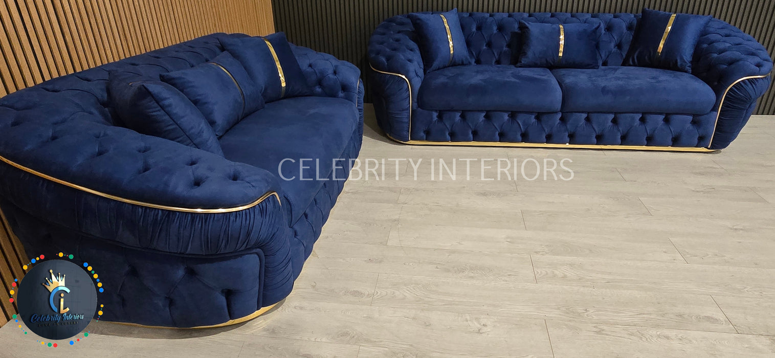 Ambassador 3+2 Seater In Navy & Gold Plush Velvet