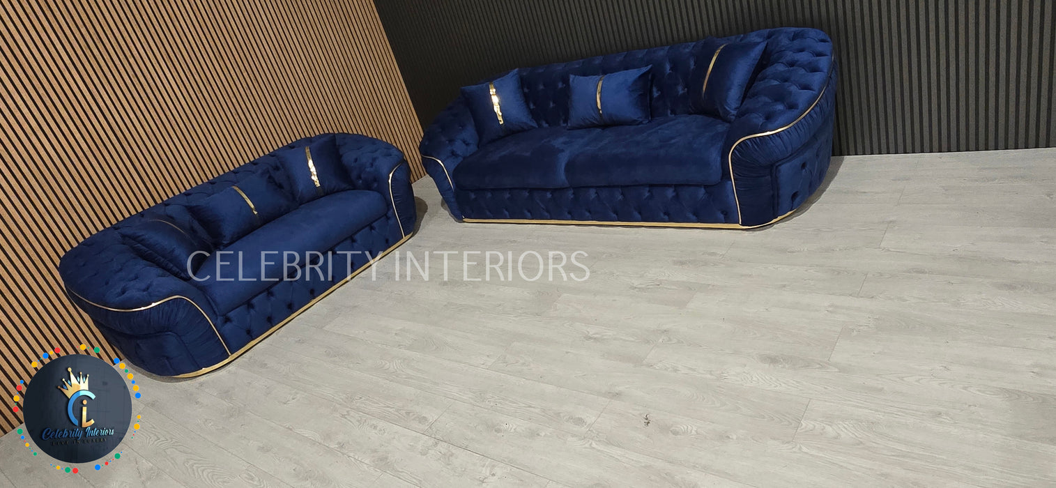 Ambassador 3+2 Seater In Navy & Gold Plush Velvet