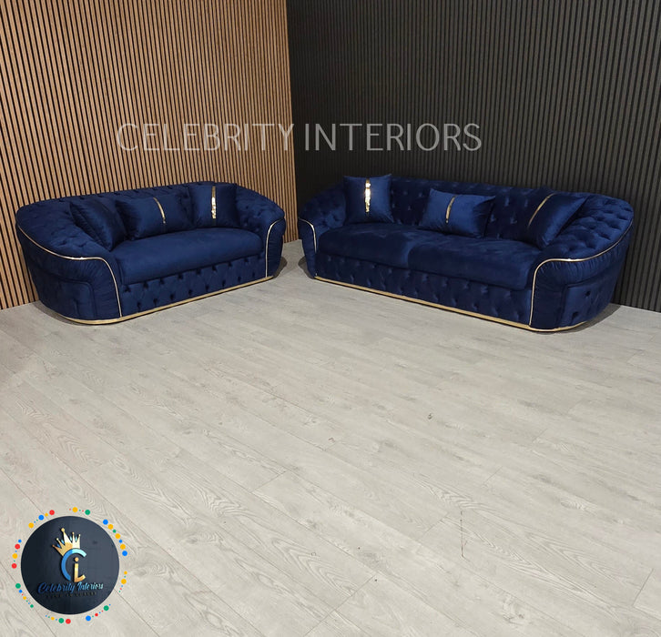 Ambassador 3+2 Seater In Navy & Gold Plush Velvet