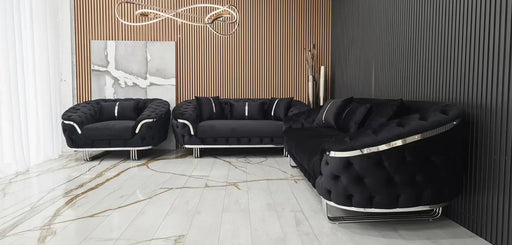Kingston 3+2+1 Black Velvet Sofa Set – Chrome Detailing | Luxury Modern Suite