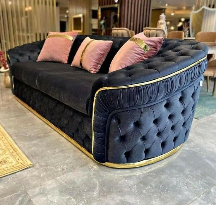 Ambassador 3+2 Seater In Black & Gold Plush Velvet