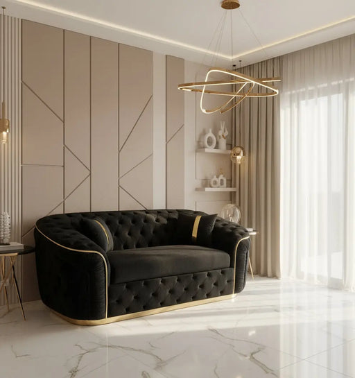 Ambassador 2-Seater Sofa – Black Velvet with Gold Detailing | Modern Luxury Sofa