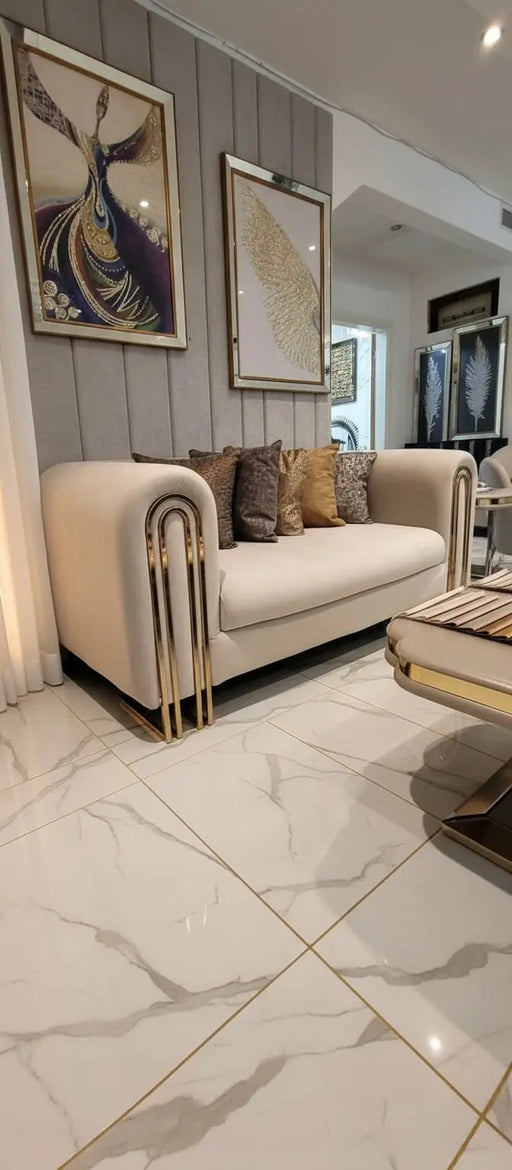 Elmira 2-Seater Cream Velvet Sofa with Gold Legs – Luxury Modern Sofa