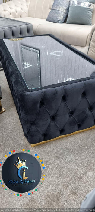 Upholstered coffee table with glass top deals