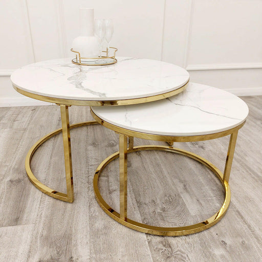 Cato Nest of 2 Short Round Coffee Gold Tables with Polar White Sintered Stone Tops