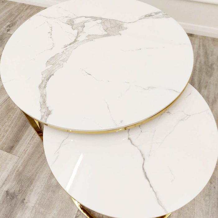 Cato Nest of 2 Short Round Coffee Gold Tables with Polar White Sintered Stone Tops