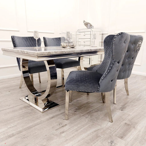 Arianna Dining Table 1.5m + 4 Grey Shimmer Chelsea Dining Chair Set