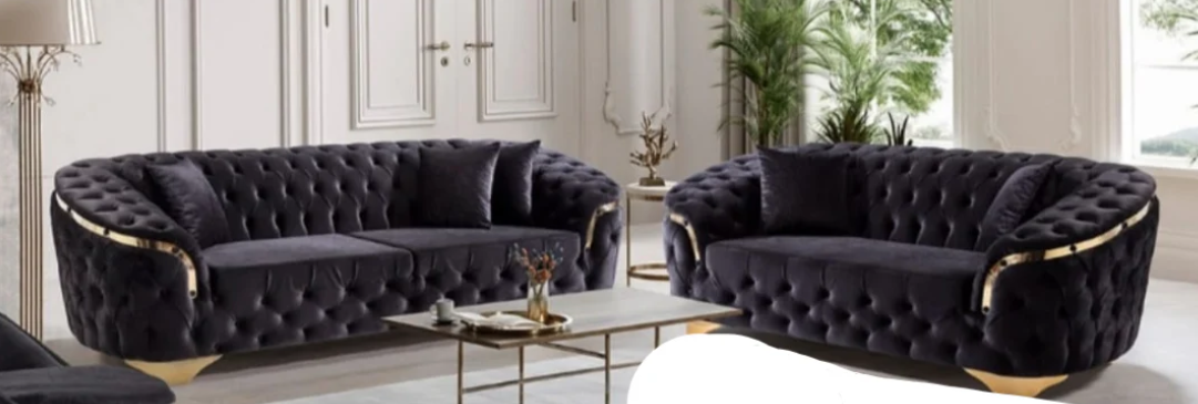 Bvlgari special 3+2 Sofa black velvet and gold