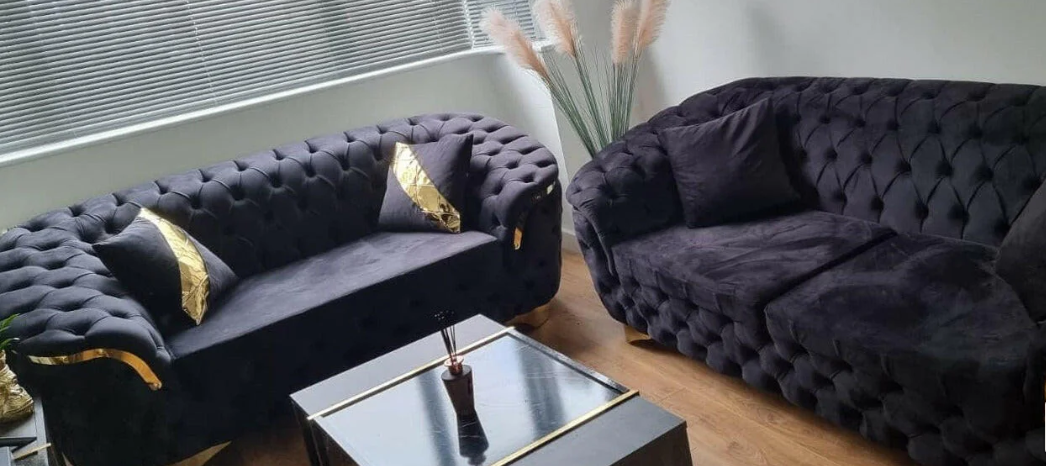 Bvlgari special 3+2 Sofa black velvet and gold