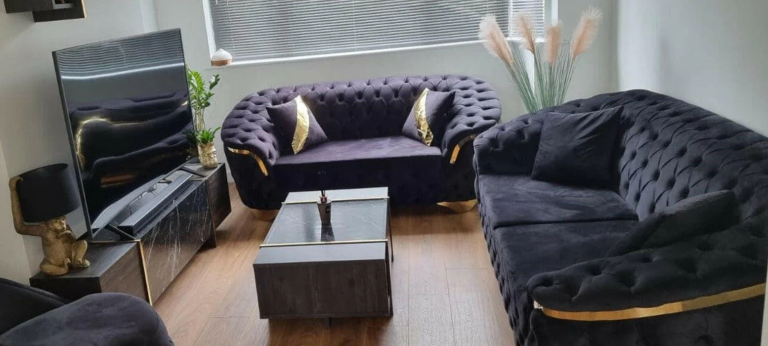 Bvlgari special 3+2 Sofa black velvet and gold