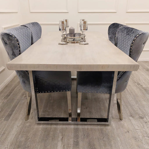Freya 1.8 Dining Table Solid Light Pine wood with Chrome Metal Legs + Chelsea Dining Chair with Lion Knocker & Buttoned Back