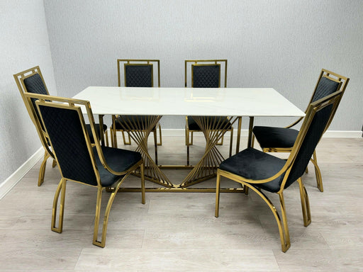 Amelia White Ceramic 180cm Gold + 4 Windsor Dining Chair Set