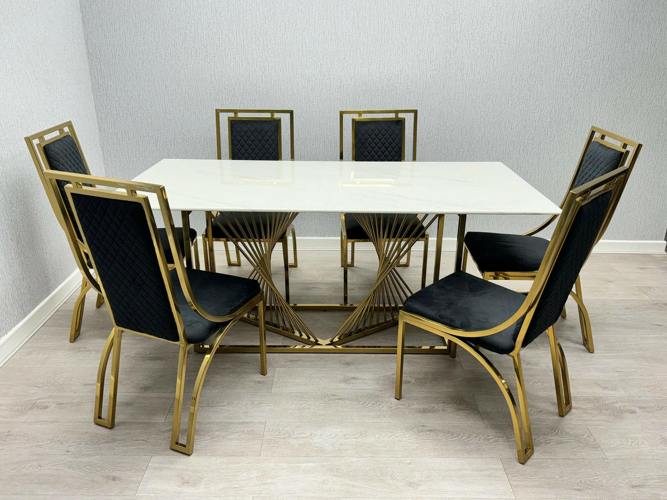Amelia White Ceramic 180cm Gold + 4 Windsor Dining Chair Set