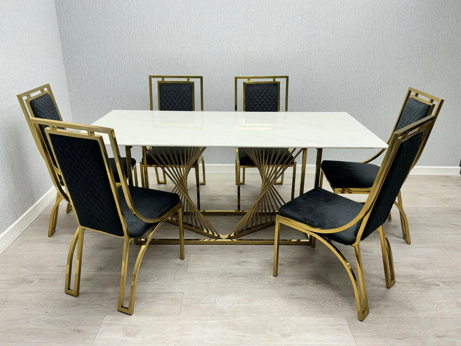 Amelia White Ceramic 180cm Gold + 4 Windsor Dining Chair Set