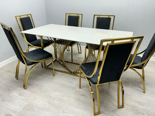 Amelia White Ceramic 180cm Gold + 4 Windsor Dining Chair Set