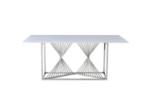 Amelia White Ceramic 180cm Silver Frame Table + 4 Windsor Dining Chairs