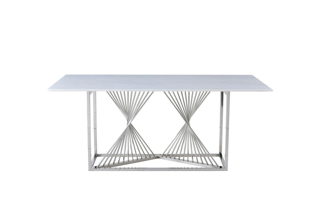 Amelia White Ceramic 180cm Silver Frame Table + 4 Windsor Dining Chairs