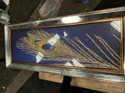 3D Glitter Peacock Feather Wall Art 40cm x 100cm - Blue