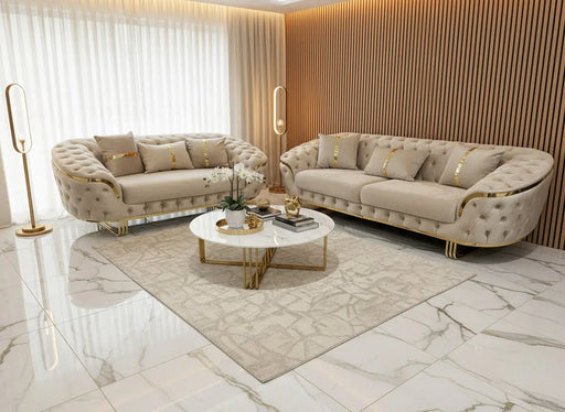 Kingston 3+2 Champagne Velvet Sofa Set with Gold Detailing – Luxury Modern Sofa