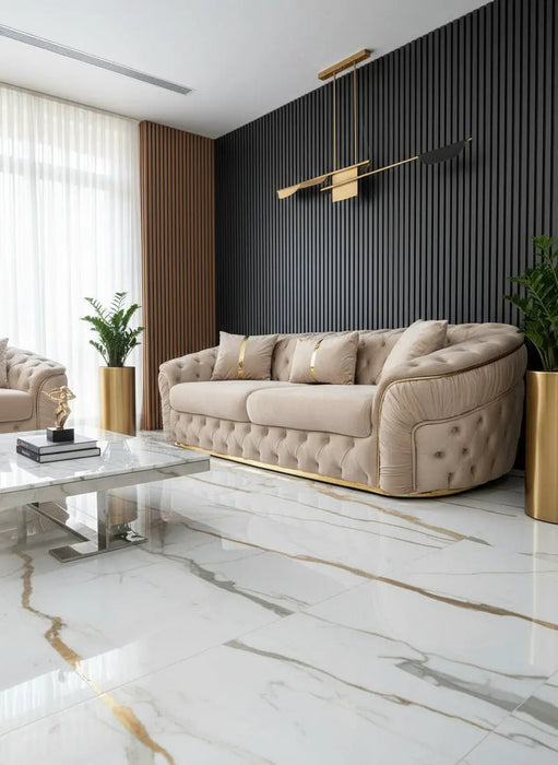 Ambassador 3+2 Seater Sofa – Champagne Velvet with Gold Detailing | Luxury Modern Sofa
