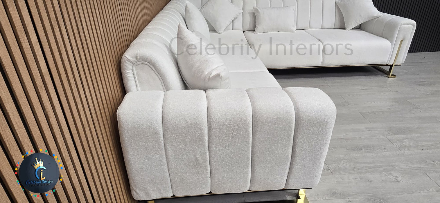 Genova Corner Sofa 270cm x 270cm White Boucle Fabric & Gold