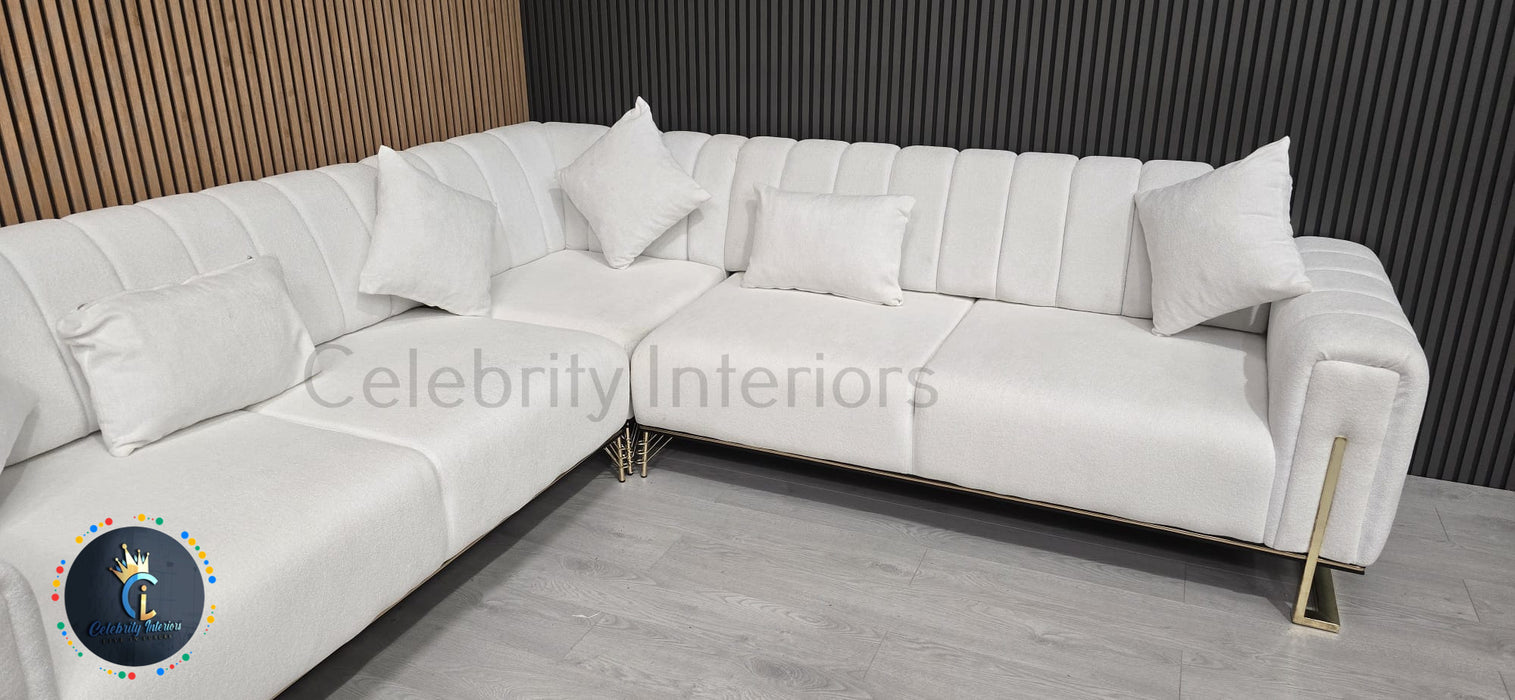 Genova Corner Sofa 270cm x 270cm White Boucle Fabric & Gold