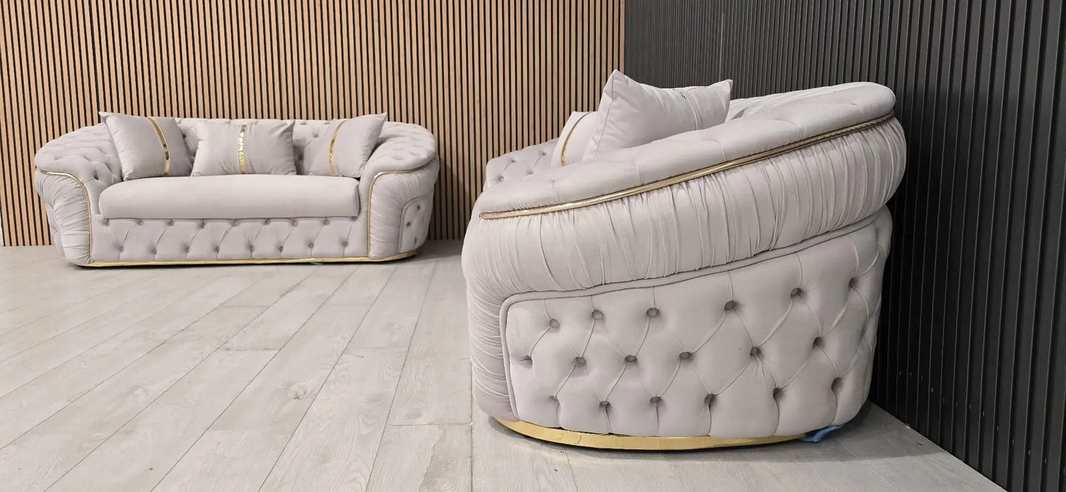 Ambassador 3+2 Seater Sofa – Champagne Velvet with Gold Detailing | Luxury Modern Sofa
