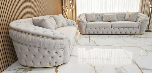 Ambassador 3+2 Seater Sofa – Champagne Velvet with Gold Detailing | Luxury Modern Sofa