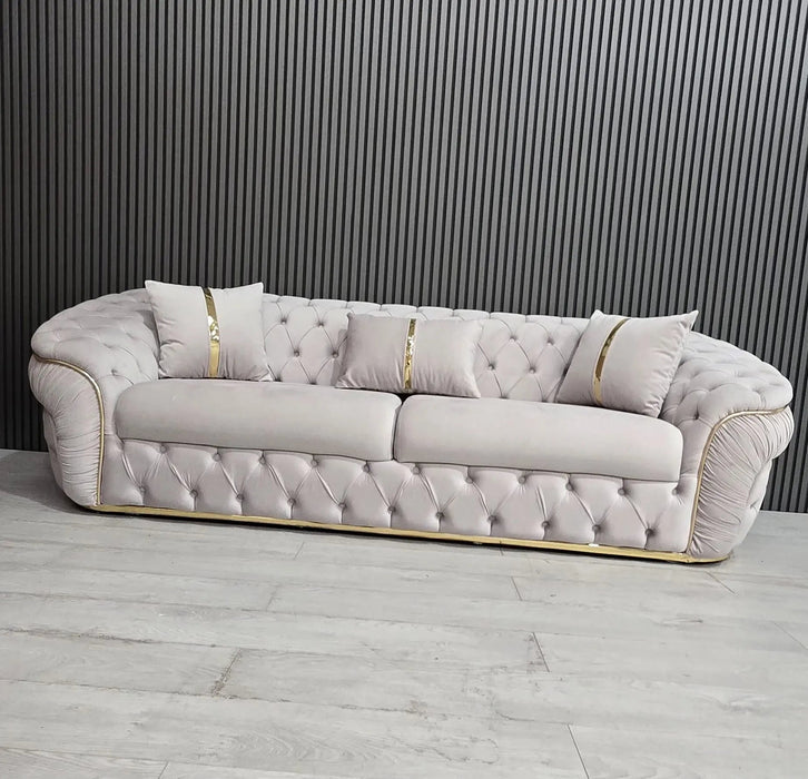 Ambassador 3+2 Seater Sofa – Champagne Velvet with Gold Detailing | Luxury Modern Sofa