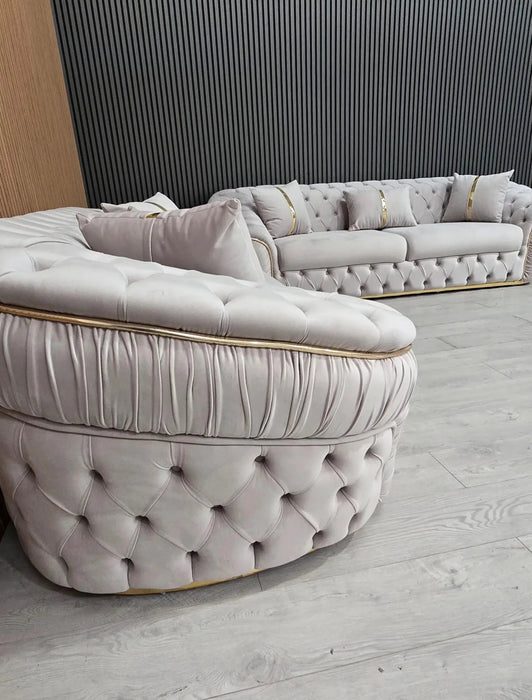 Ambassador 3+2 Seater Sofa – Champagne Velvet with Gold Detailing | Luxury Modern Sofa
