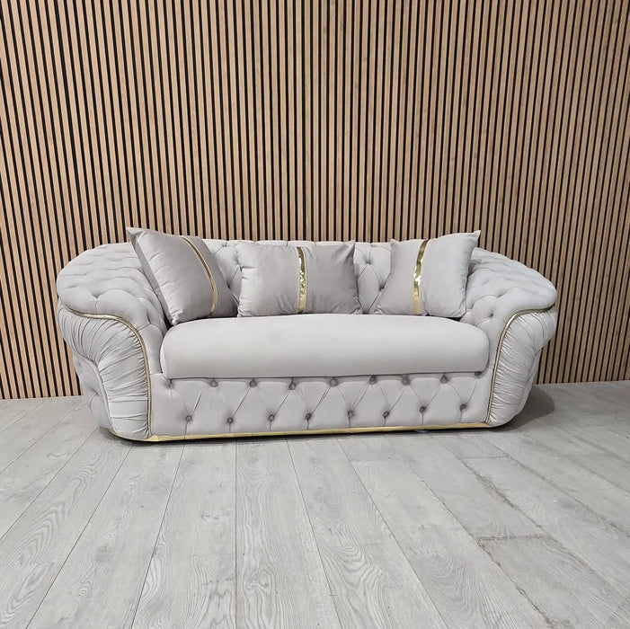 Ambassador 3+2 Seater Sofa – Champagne Velvet with Gold Detailing | Luxury Modern Sofa