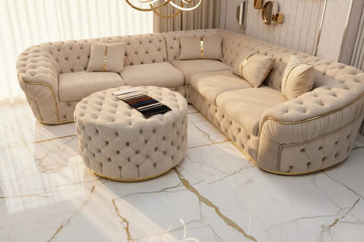 Ambassador Corner Sofa – Champagne Velvet with Gold Detailing | Luxury L-Shaped Sofa
