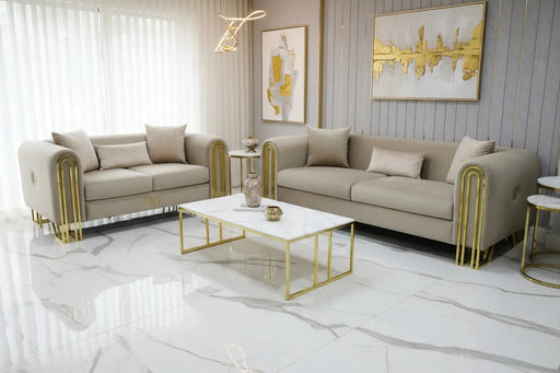 Elmira 3+2 Seater Sofa Set – Beige Velvet with Gold Detailing & Legs | Modern Luxury Sofa