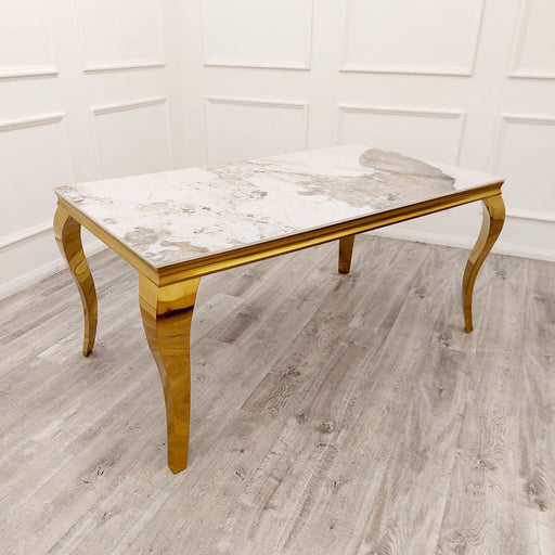 Louis Gold Dining Table 1.6 - Pandora Marble + 6 x majestic cream dining chairs