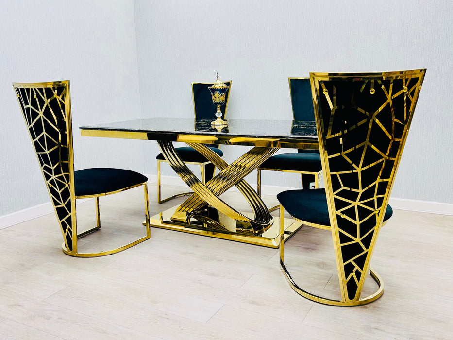 Elina Black & Gold Dining Table + Vienna Black & Gold Dining Chairs