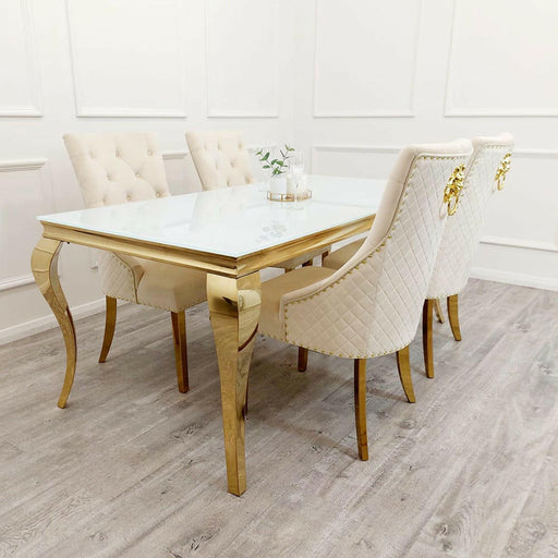 LOUIS 1.6M PANDORA SINTERED STONE DINING TABLE + 4 x MAJESTIC CREAM & GOLD DINING CHAIRS