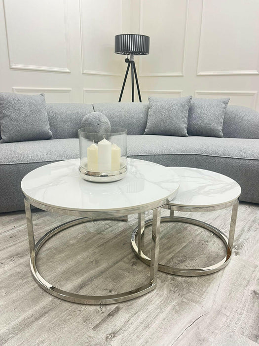 Cato Nest of 2 Short Round Coffee Chrome Tables with Polar White Sintered Stone Tops