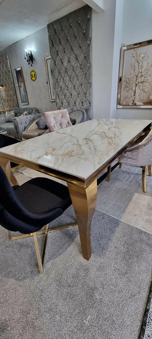 Lewis Kata Gold Ceramic Table + 6 x Majestic Cream Dining Chairs