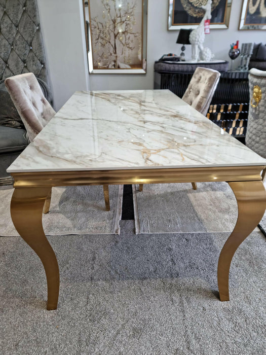 Lewis Kata Gold Ceramic Table + 6 x Majestic Cream Dining Chairs