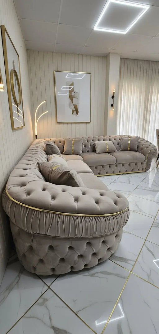 Ambassador Corner Sofa – Beige Velvet with Gold Detailing | Luxury L-Shaped Sofa