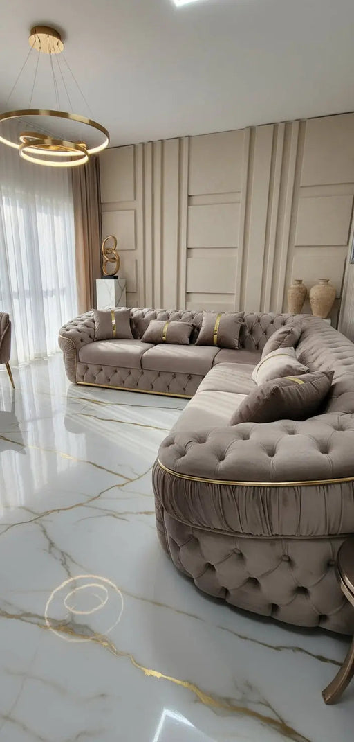 Ambassador Corner Sofa – Beige Velvet with Gold Detailing | Luxury L-Shaped Sofa