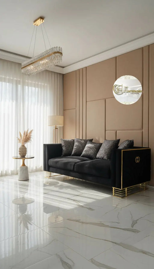 Bahrain 3+2 Seater Sofa Set – Black Velvet with Gold Metal Legs