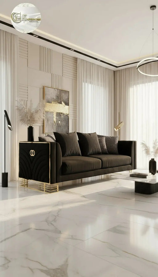 Bahrain 3+2 Seater Sofa Set – Black Velvet with Gold Metal Legs