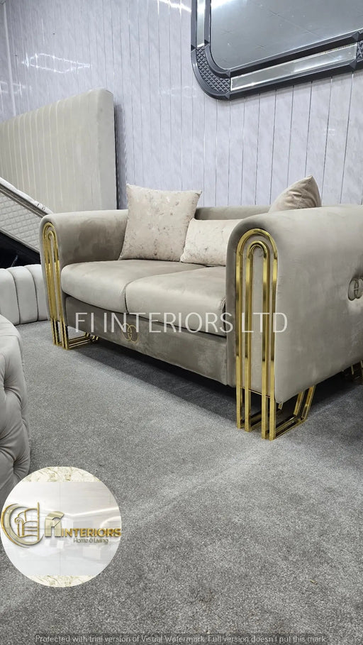 Elmira 3+2 Seater Sofa Set – Beige Velvet with Gold Detailing & Legs | Modern Luxury Sofa