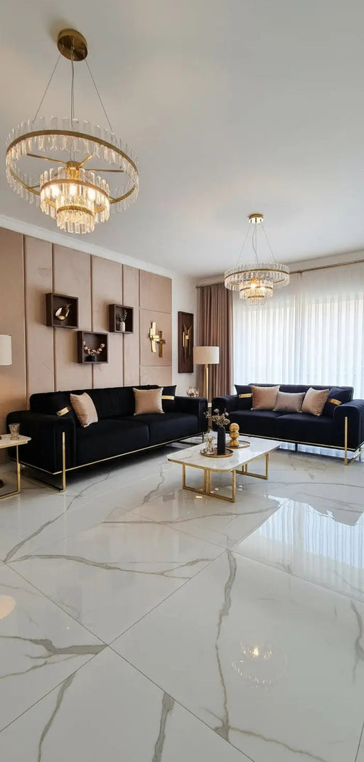 Genova 3+2 Seater Sofa Range – Black Velvet with Gold Legs | Modern Luxury Sofa