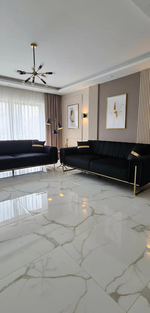 Genova 3+2 Seater Sofa Range – Black Velvet with Gold Legs | Modern Luxury Sofa